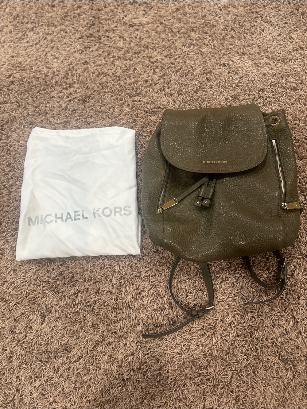 Michael Kors Olive Green Pebbled Leather Drawstring Backpack